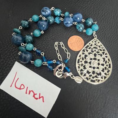 Blue Beaded Pendant Necklace, Earrings, and Bracelet (122)
