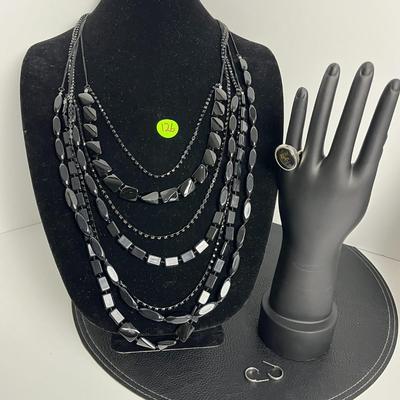 Chico's Black Layered Necklace, Earrings, and Taurus Ring (126)
