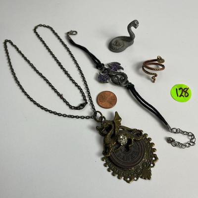 Dragon Pendant Necklace, Bracelet, Ring, and Snake (128)