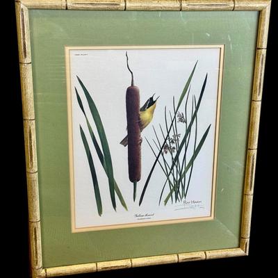 Pair of Signed Roy Harm Vintage Bamboo Framed Bird Lithographs