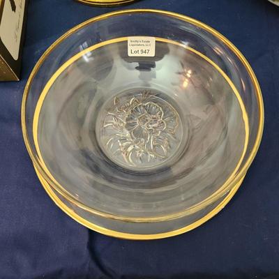 Camellia by Jeannette Glass Bowl 10" & Plate 12" Gold Trim