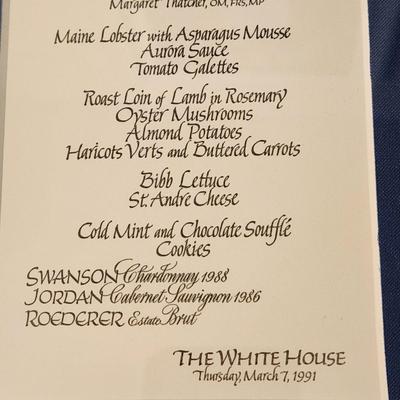 White House Menu Card and Name Place Cards Framed March 7 1991