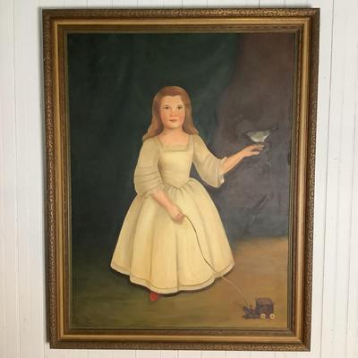 304 Antique Oil Painting of Girl with a Bird American 20th Century by Corinne Leshnower