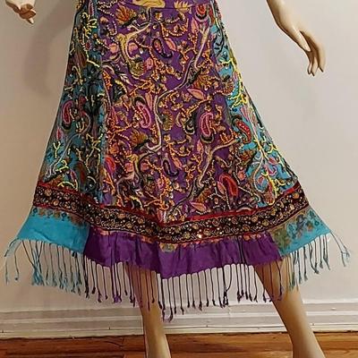 Vtg 60s Hand Painted Beaded Sequined Gold Embroidery Fringed Skirt