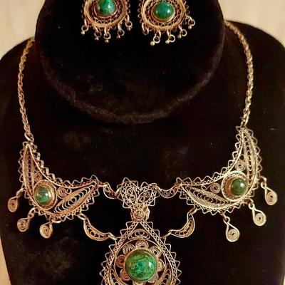 Antique/Vtg Sterling Silver JerusalymNecklace & Earrings set/ Eilat Green stones.