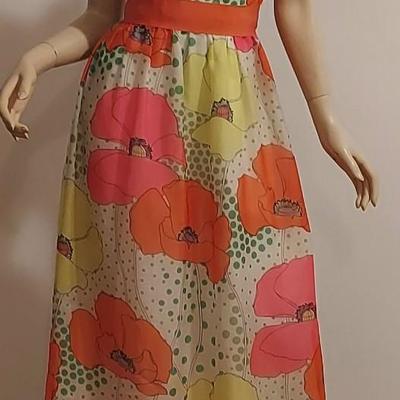 Exquisite vtg 70s Floral Chiffon Hostess Maxi dress w/Ruffles & Millinery Flowers