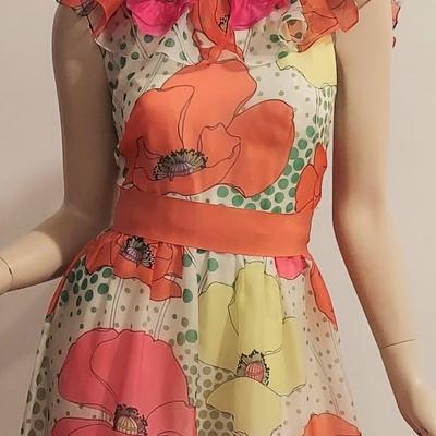 Exquisite vtg 70s Floral Chiffon Hostess Maxi dress w/Ruffles & Millinery Flowers