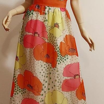 Exquisite vtg 70s Floral Chiffon Hostess Maxi dress w/Ruffles & Millinery Flowers