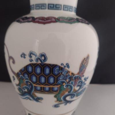Franklin Mint 'The Journey of the Heavenly Tortoise' Porcelain Vase with Wooden Stand- Approx 10 1/4