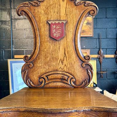 Antique British Oak Heraldic Crested Wood Chairs - a Pair