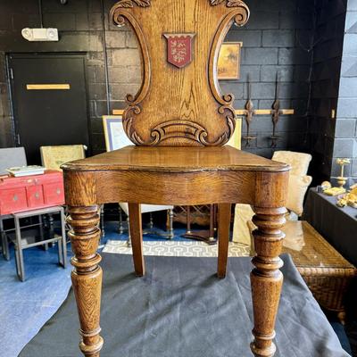 Antique British Oak Heraldic Crested Wood Chairs - a Pair