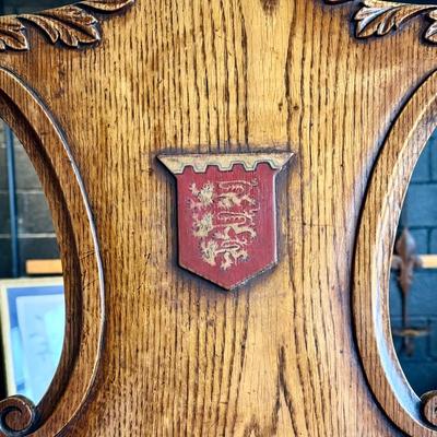 Antique British Oak Heraldic Crested Wood Chairs - a Pair