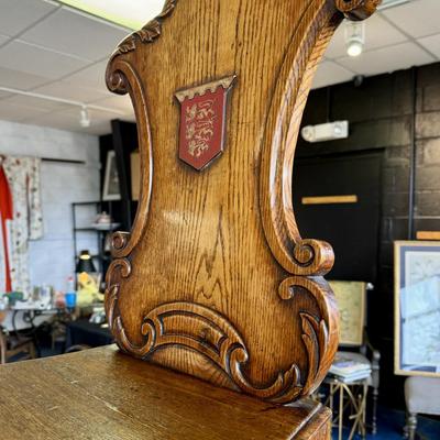 Antique British Oak Heraldic Crested Wood Chairs - a Pair