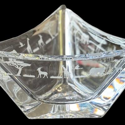 Vintage Mikasa Crystal Triangular Bowl with African Motif Etchings