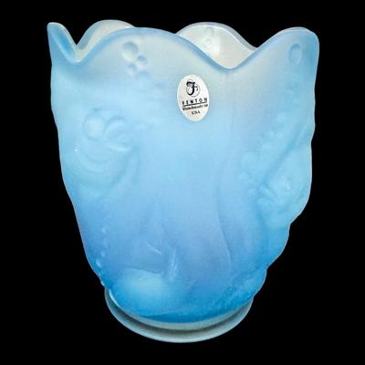 Fenton Blue Frosted Opalescent Atlantis Koi Fish Vase