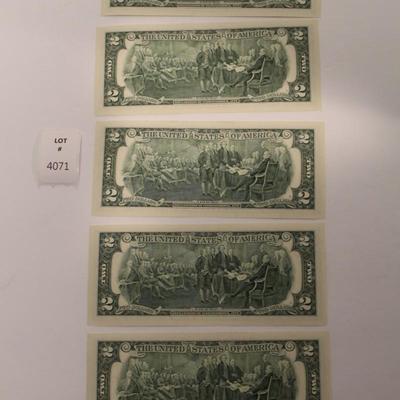 5 Consecutive 2003 2 Dollar Bills