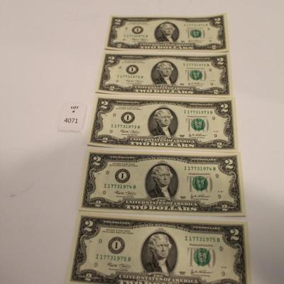 5 Consecutive 2003 2 Dollar Bills
