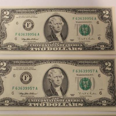 10 Consecutive 1995 2 Dollar Bills