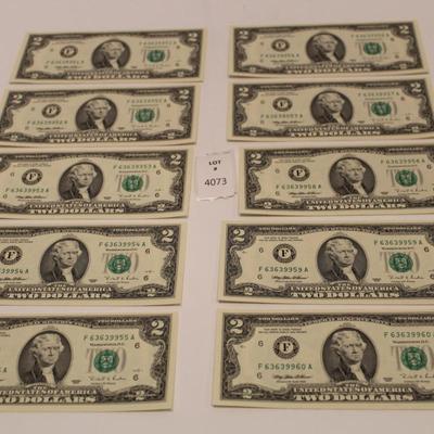 10 Consecutive 1995 2 Dollar Bills