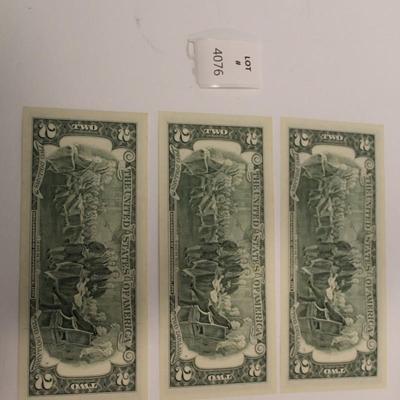 3 Consecutive 1995 2 Dollar Bills