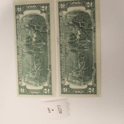 2 Consecutive 1976 2 Dollar Bills