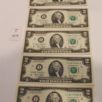 5 Consecutive 2003 2 Dollar Bills