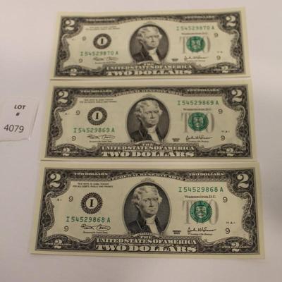 3 Consecutive 2003 2 Dollar Bills
