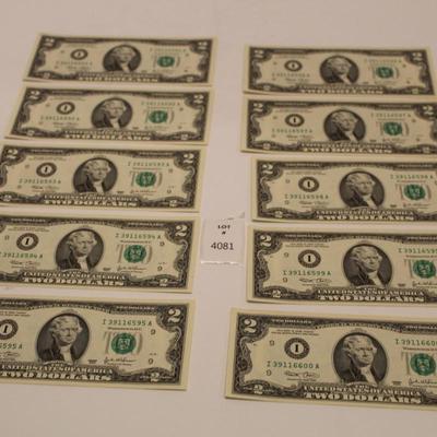 10 Consecutive 2003 2 Dollar Bills