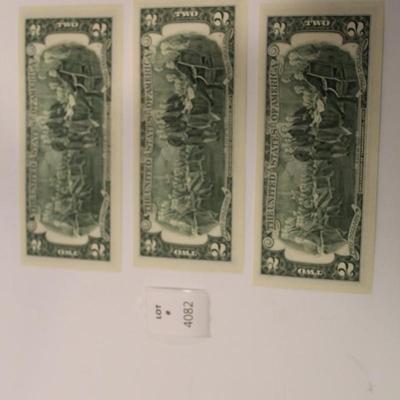 3 Consecutive 2003 2 Dollar Bills