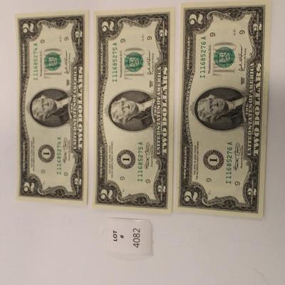 3 Consecutive 2003 2 Dollar Bills