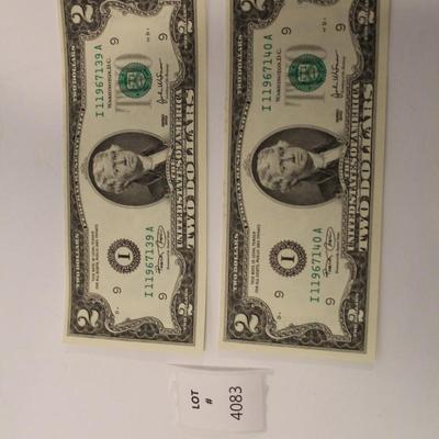 2 Consecutive 2003 2 Dollar Bills