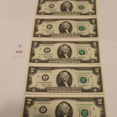 5 Consecutive 2003 2 Dollar Bills