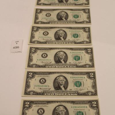 6 Consecutive 1976 2 Dollar Bills