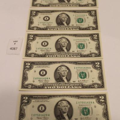 5 Consecutive 2003 2 Dollar Bills