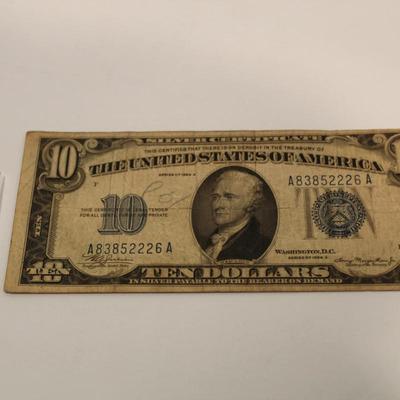 1934 A Blue Seal 10 Dollar Silver Certificate