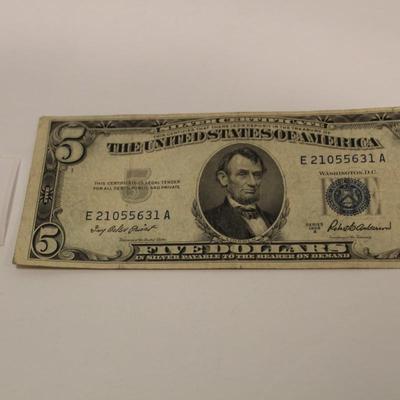 1953 A 5 Dollar Bill Blue Seal Silver Certificate