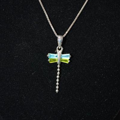 925 Sterling Box Chain w/ 925 Tourmaline Dragonfly Pendant 18â€, 2.9g