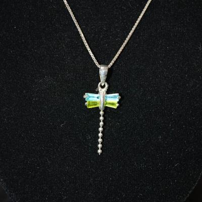 925 Sterling Box Chain w/ 925 Tourmaline Dragonfly Pendant 18â€, 2.9g