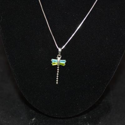 925 Sterling Box Chain w/ 925 Tourmaline Dragonfly Pendant 18â€, 2.9g