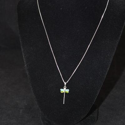 925 Sterling Box Chain w/ 925 Tourmaline Dragonfly Pendant 18â€, 2.9g