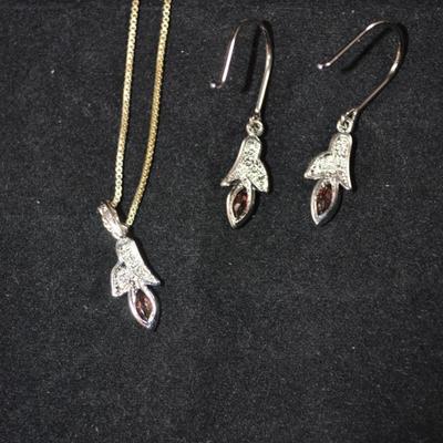 925 Sterling Box Chain w/ Marcasite & Amethyst Pendant & Matching Earrings 18â€ 4.7g