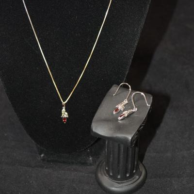 925 Sterling Box Chain w/ Marcasite & Amethyst Pendant & Matching Earrings 18â€ 4.7g