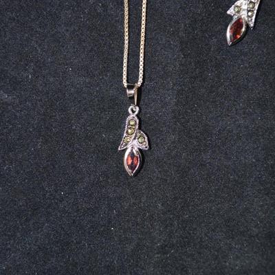 925 Sterling Box Chain w/ Marcasite & Amethyst Pendant & Matching Earrings 18â€ 4.7g