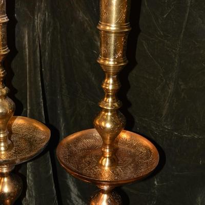 Set of 2 Large Vintage Brass Candle Stands w/ Trays 41â€x9â€