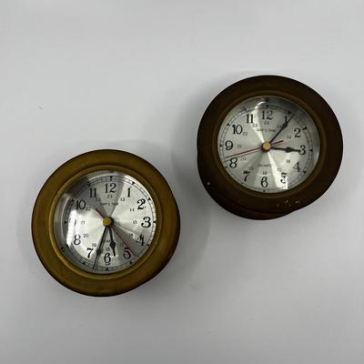 N257 Pair of Vintage Brass â€˜Ship Timeâ€™ Porthole Clocks