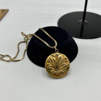 Antique S&BL Art Nouveau Gold Tone Locket with Rhinestones Pendant Charm Necklace
