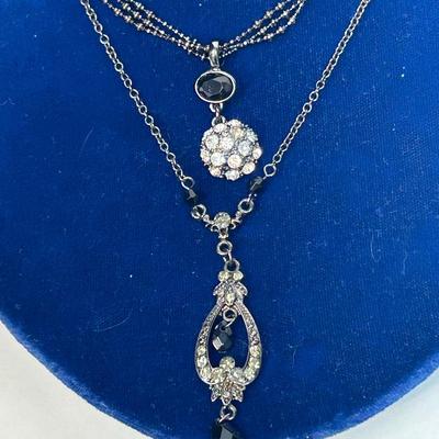 Pair of Rhinestone and Black Faceted Bead Fashion Pendant Necklaces