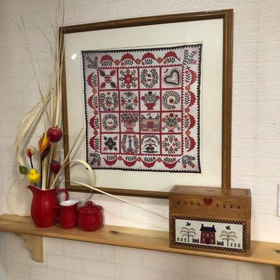 LOT 2K: Red Home Decor - Framed Baltimore Brides Quilt Print, Wooden Recipe Box & GHA Pottery Pieces