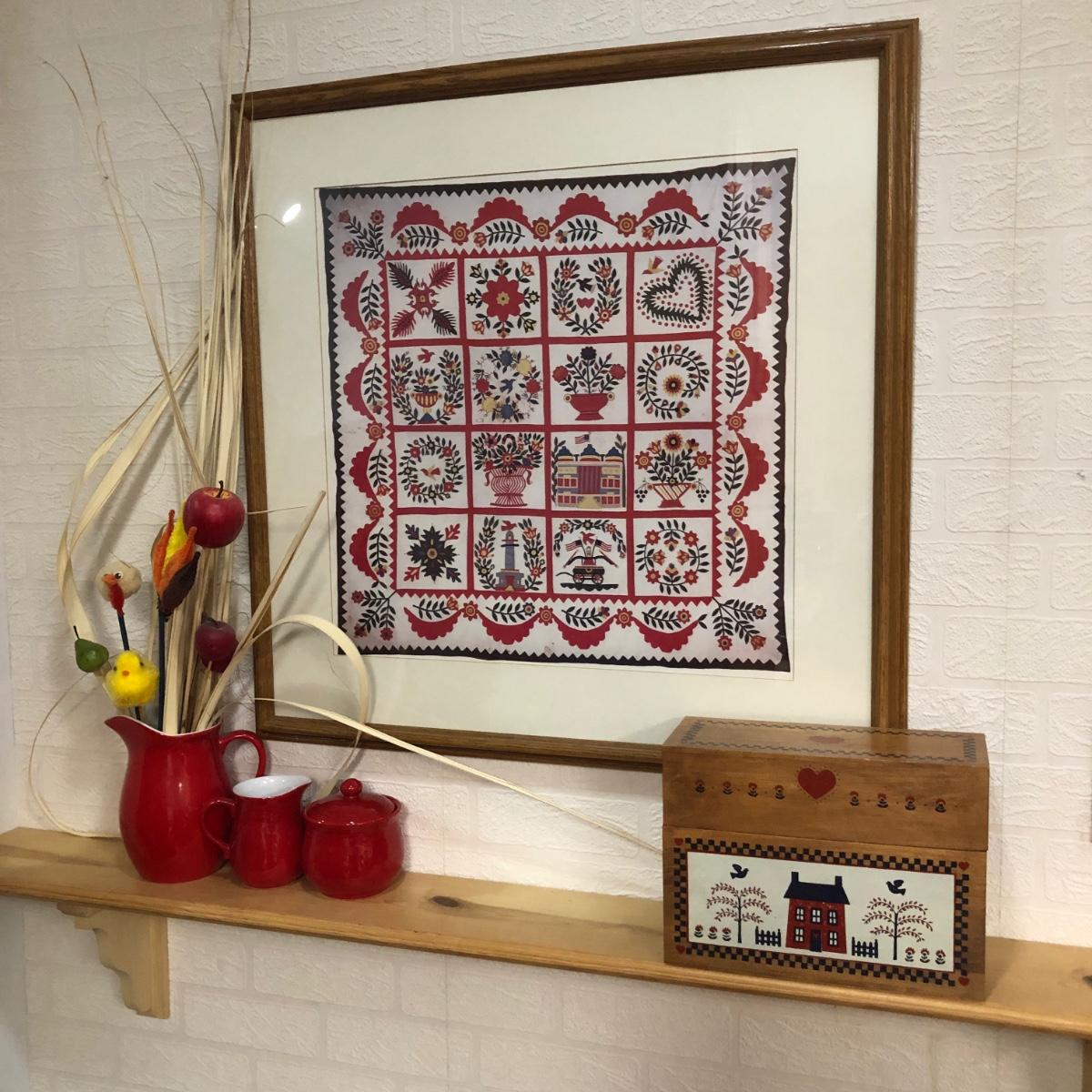 LOT 2K Red Home Decor Framed Baltimore Brides Quilt Print, Wooden