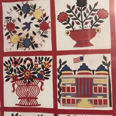 LOT 2K: Red Home Decor - Framed Baltimore Brides Quilt Print, Wooden Recipe Box & GHA Pottery Pieces